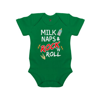 milk naps and Rock n' Roll, Βρεφικό φορμάκι μωρού, ΠΡΑΣΙΝΟ, 100% Organic Cotton, κοντομάνικο