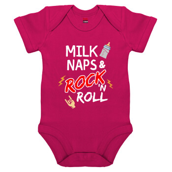 milk naps and Rock n' Roll, Βρεφικό φορμάκι μωρού, 0-18 μηνών, ΡΟΖ, 100% Organic Cotton, κοντομάνικο