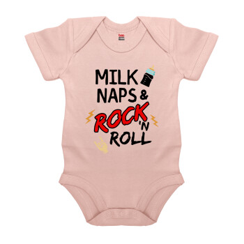 milk naps and Rock n' Roll, Βρεφικό φορμάκι μωρού, 0-18 μηνών, ΡΟΖ POWDER, 100% Organic Cotton, κοντομάνικο