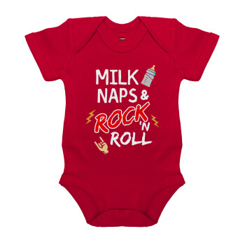 milk naps and Rock n' Roll, Βρεφικό φορμάκι μωρού, ΚΟΚΚΙΝΟ, 100% Organic Cotton, κοντομάνικο