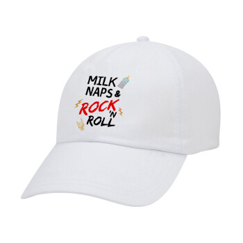 milk naps and Rock n' Roll, Καπέλο Ενηλίκων Baseball Λευκό 5-φύλλο (POLYESTER, ΕΝΗΛΙΚΩΝ, UNISEX, ONE SIZE)