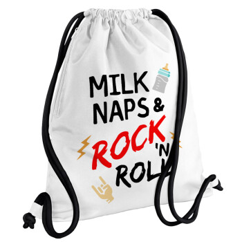 milk naps and Rock n' Roll, Τσάντα πλάτης πουγκί GYMBAG λευκή, με τσέπη (40x48cm) & χονδρά κορδόνια