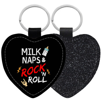 milk naps and Rock n' Roll, Μπρελόκ PU δερμάτινο glitter καρδιά ΜΑΥΡΟ