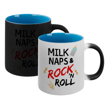 milk naps and Rock n' Roll, Κούπα Μαγική εσωτερικό μπλε, κεραμική 330ml που αλλάζει χρώμα με το ζεστό ρόφημα