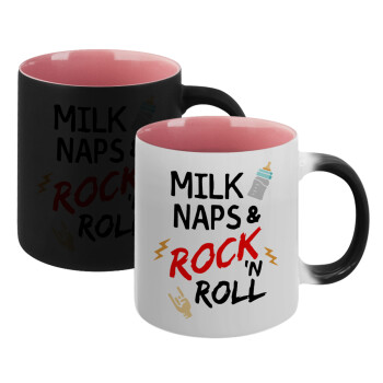 milk naps and Rock n' Roll, Κούπα Μαγική εσωτερικό ΡΟΖ, κεραμική 330ml που αλλάζει χρώμα με το ζεστό ρόφημα