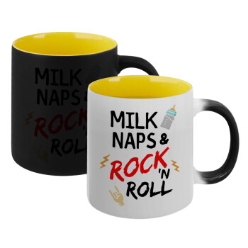 milk naps and Rock n' Roll, Κούπα Μαγική εσωτερικό κίτρινη, κεραμική 330ml που αλλάζει χρώμα με το ζεστό ρόφημα