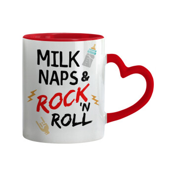 milk naps and Rock n' Roll, Mug heart red handle, ceramic, 330ml