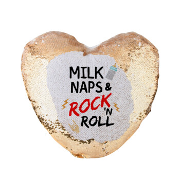 milk naps and Rock n' Roll, Μαξιλάρι καναπέ καρδιά Μαγικό Χρυσό με πούλιες 40x40cm περιέχεται το  γέμισμα