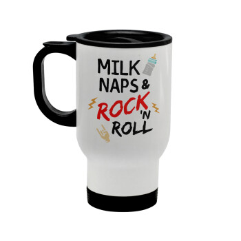 milk naps and Rock n' Roll, Stainless steel travel mug with lid, double wall white 450ml