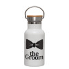 Metallic thermos (Stainless steel) White with wooden lid (bamboo), double-walled, 350ml