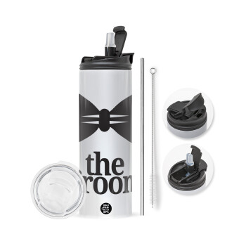 The Groom, Travel Tumbler 2 Lids, with metal straw & cleaning brush (Stainless steel 304 Food grade, BPA free, 600ml)