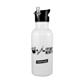 Spend Money, White water bottle with straw, stainless steel 600ml