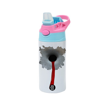 Bullet holes, Children's hot water bottle, stainless steel, with safety straw, Pink/BlueCiel (360ml) BPA FREE