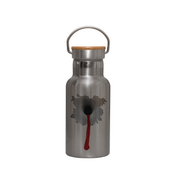 Bullet holes, Stainless steel metallic thermos flask, silver with a bamboo lid, double-walled, 350ml.