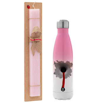 Bullet holes, Easter Set, Metallic pink/white (Stainless steel) thermos, double-walled, 500ml & aromatic flat Easter candle (30cm) (PINK)