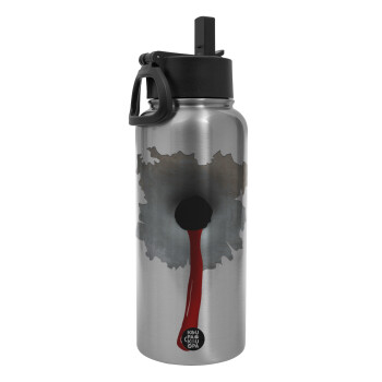 Bullet holes, Metal mug thermo Silver with Straw and Spout Lid (Stainless steel), double wall, 950ml