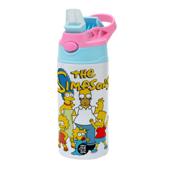 The Simpsons, Children's hot water bottle, stainless steel, with safety straw, Pink/BlueCiel (360ml) BPA FREE