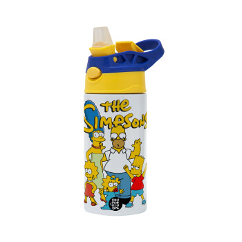 The Simpsons, Children's hot water bottle, stainless steel, with safety straw, green, blue (360ml) BPA FREE