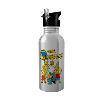 The Simpsons, Παγούρι νερού Ασημένιο με καλαμάκι, ανοξείδωτο ατσάλι 600ml