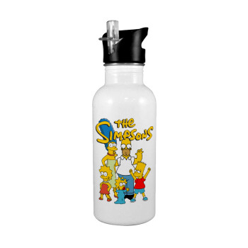 The Simpsons, White water bottle with straw, stainless steel 600ml