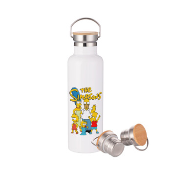 The Simpsons, Μεταλλικό παγούρι θερμός (Stainless steel) Λευκό με ξύλινο καπακι (bamboo), διπλού τοιχώματος, 750ml