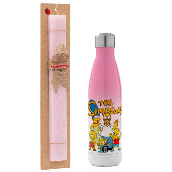 The Simpsons, Easter Set, Metallic pink/white (Stainless steel) thermos, double-walled, 500ml & aromatic flat Easter candle (30cm) (PINK)