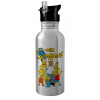 Water bottle Silver with straw, stainless steel 600ml