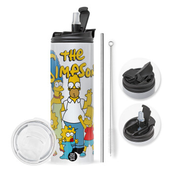 The Simpsons, Travel Tumbler 2 Lids, with metal straw & cleaning brush (Stainless steel 304 Food grade, BPA free, 600ml)