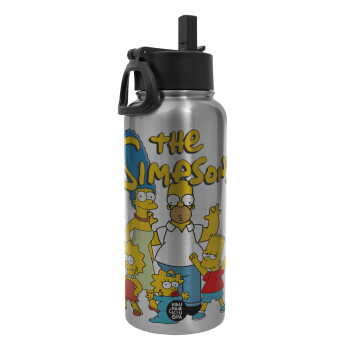 The Simpsons, Metal mug thermo Silver with Straw and Spout Lid (Stainless steel), double wall, 950ml