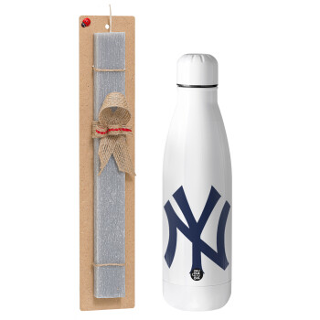 New York , Easter Set, metallic Inox water bottle (700ml) & Easter scented flat candle (30cm) (GRAY)