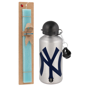 New York , Easter Set, metallic silver aluminum water bottle (500ml) & scented flat Easter candle (30cm) (TURQUOISE)