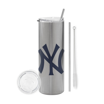 New York , Eco friendly stainless steel Silver tumbler 600ml, with metal straw & cleaning brush
