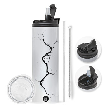 Cracked, Travel Tumbler θερμό με διπλό καπάκι, μεταλλικό καλαμάκι και βούρτσα καθαρισμού (Ανωξείδωτο 304 Food grade, BPA free, 600ml)