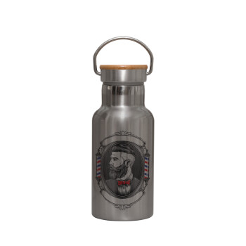 Barber shop, Stainless steel metallic thermos flask, silver with a bamboo lid, double-walled, 350ml.