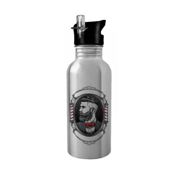 Barber shop, Water bottle Silver with straw, stainless steel 600ml