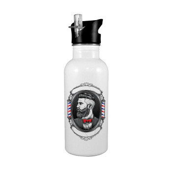 Barber shop, White water bottle with straw, stainless steel 600ml
