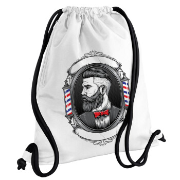 Barber shop, Τσάντα πλάτης πουγκί GYMBAG λευκή, με τσέπη (40x48cm) & χονδρά κορδόνια