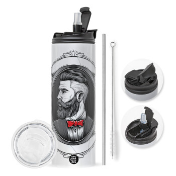 Barber shop, Travel Tumbler θερμό με διπλό καπάκι, μεταλλικό καλαμάκι και βούρτσα καθαρισμού (Ανωξείδωτο 304 Food grade, BPA free, 600ml)