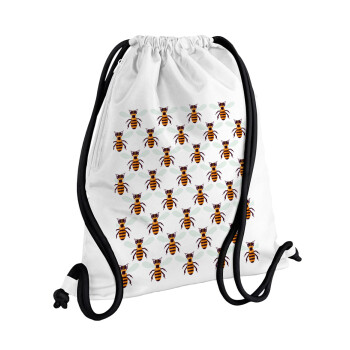 Bee, Τσάντα πλάτης πουγκί GYMBAG λευκή, με τσέπη (40x48cm) & χονδρά κορδόνια