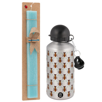 Bee, Easter Set, metallic silver aluminum water bottle (500ml) & scented flat Easter candle (30cm) (TURQUOISE)