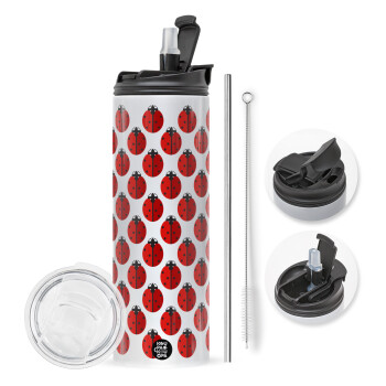 Coccinella, Travel Tumbler 2 Lids, with metal straw & cleaning brush (Stainless steel 304 Food grade, BPA free, 600ml)