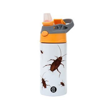 Blattodea, Children's hot water bottle, stainless steel, with safety straw, Orange/Grey (360ml) BPA-FREE