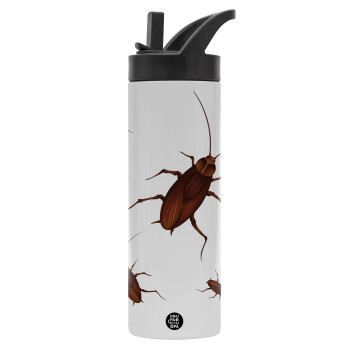 Blattodea, Metallic thermos bottle with straw & handle, stainless steel (Stainless steel 304), double-walled, 600ml.