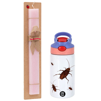 Blattodea, Easter Set, Children's thermal stainless steel water bottle with safety straw, pink/purple (350ml) & Easter scented flat candle (30cm) (PINK)