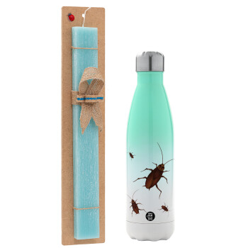 Blattodea, Easter Set, Metallic green/white thermos (Stainless steel), double-walled, 500ml & scented flat Easter candle (30cm) (TURQUOISE)