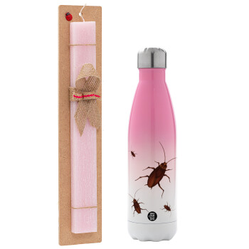 Blattodea, Easter Set, Metallic pink/white (Stainless steel) thermos, double-walled, 500ml & aromatic flat Easter candle (30cm) (PINK)