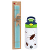 Easter Set, Children's thermal stainless steel bottle with safety straw, green/blue (350ml) & aromatic flat Easter candle (30cm) (TURQUOISE)