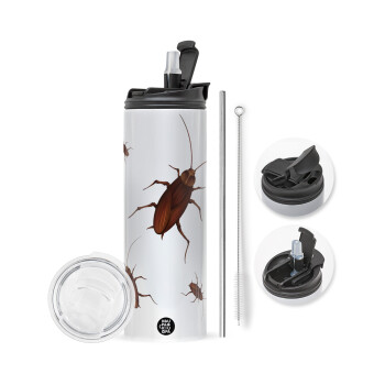 Blattodea, Travel Tumbler 2 Lids, with metal straw & cleaning brush (Stainless steel 304 Food grade, BPA free, 600ml)