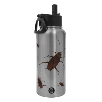 Blattodea, Metal mug thermo Silver with Straw and Spout Lid (Stainless steel), double wall, 950ml