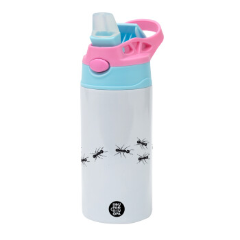 Ants, Children's hot water bottle, stainless steel, with safety straw, Pink/BlueCiel (360ml) BPA FREE